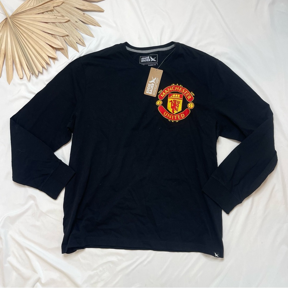 Eddie Bauer Manchester United Soccer Embroidered Logo Black Long Sleeve Shirt